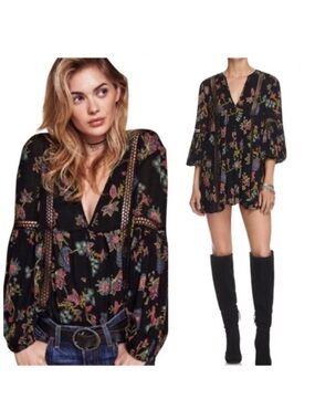 Free People “Just The Two Of Us” Crochet Lace Detail Floral Pattern Boho Tunic•S